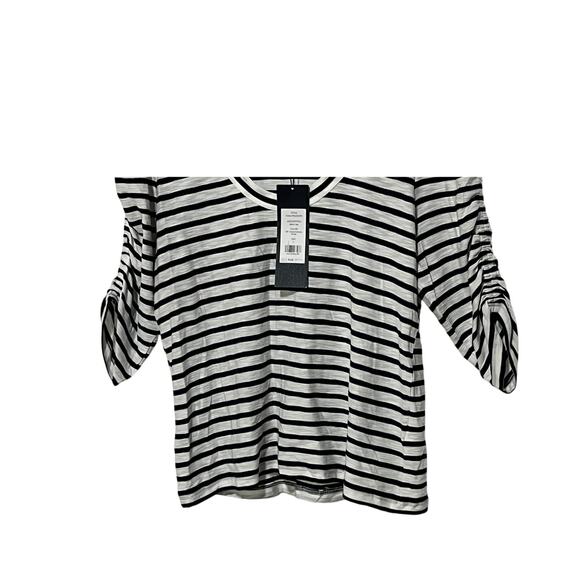 VERONICA BEARD TOP WOMENS SIZE SMALL NETTO TEE SHIRT PUFF SLEEVE NAVY WHITE - Picture 9 of 15